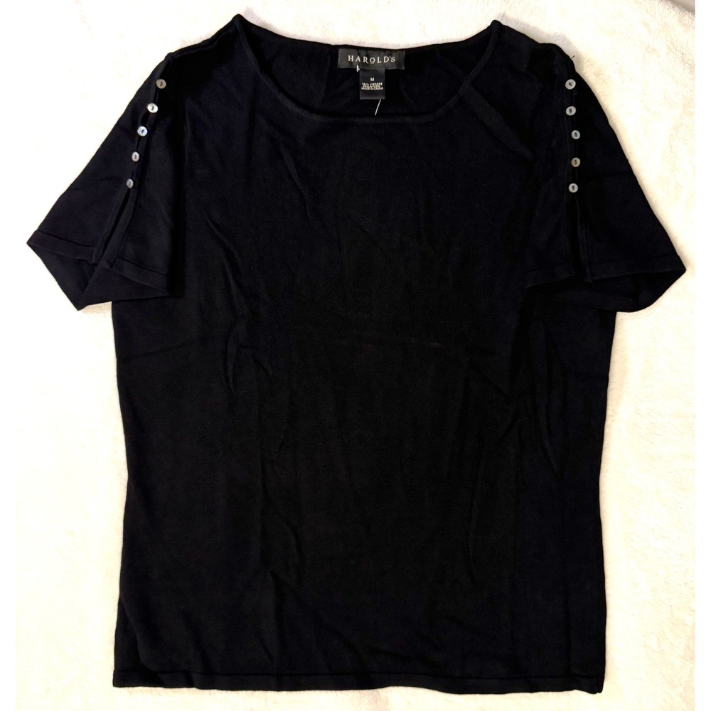 HAROLDS Black Short Sleeve Crew Neck Top Button Shoulder Women's Medium NEW